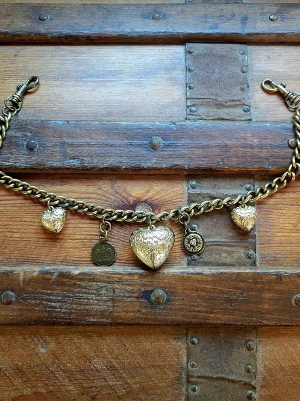 Vintage Gold-Tone Chain Bracelet or Choker with Embossed Puffy Heart Charms